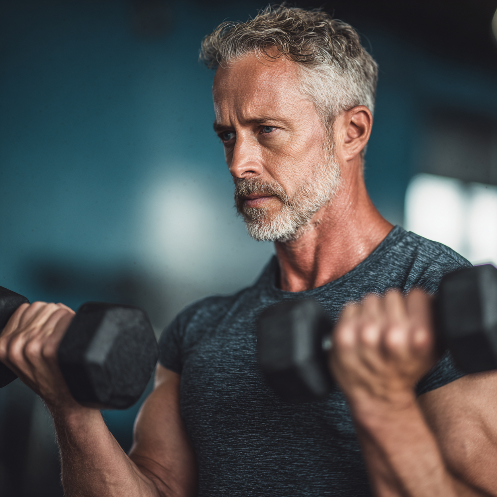 Mature adult practicing strength training with focused determination