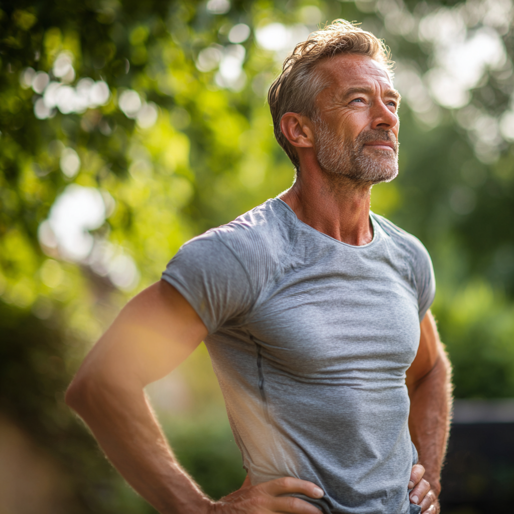 Middle-aged person enjoying outdoor fitness activity with confidence